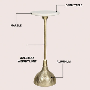 Ava 23.75" Art Deco Contemporary Metal Pedestal Drink Table and Decorative End Table with White Marble Round Top and Hammered Base